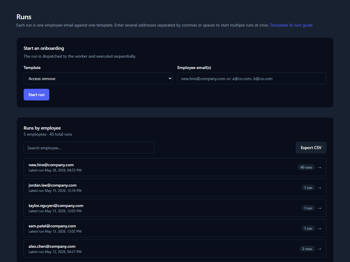 Onbored runs page showing the start onboarding form and run history