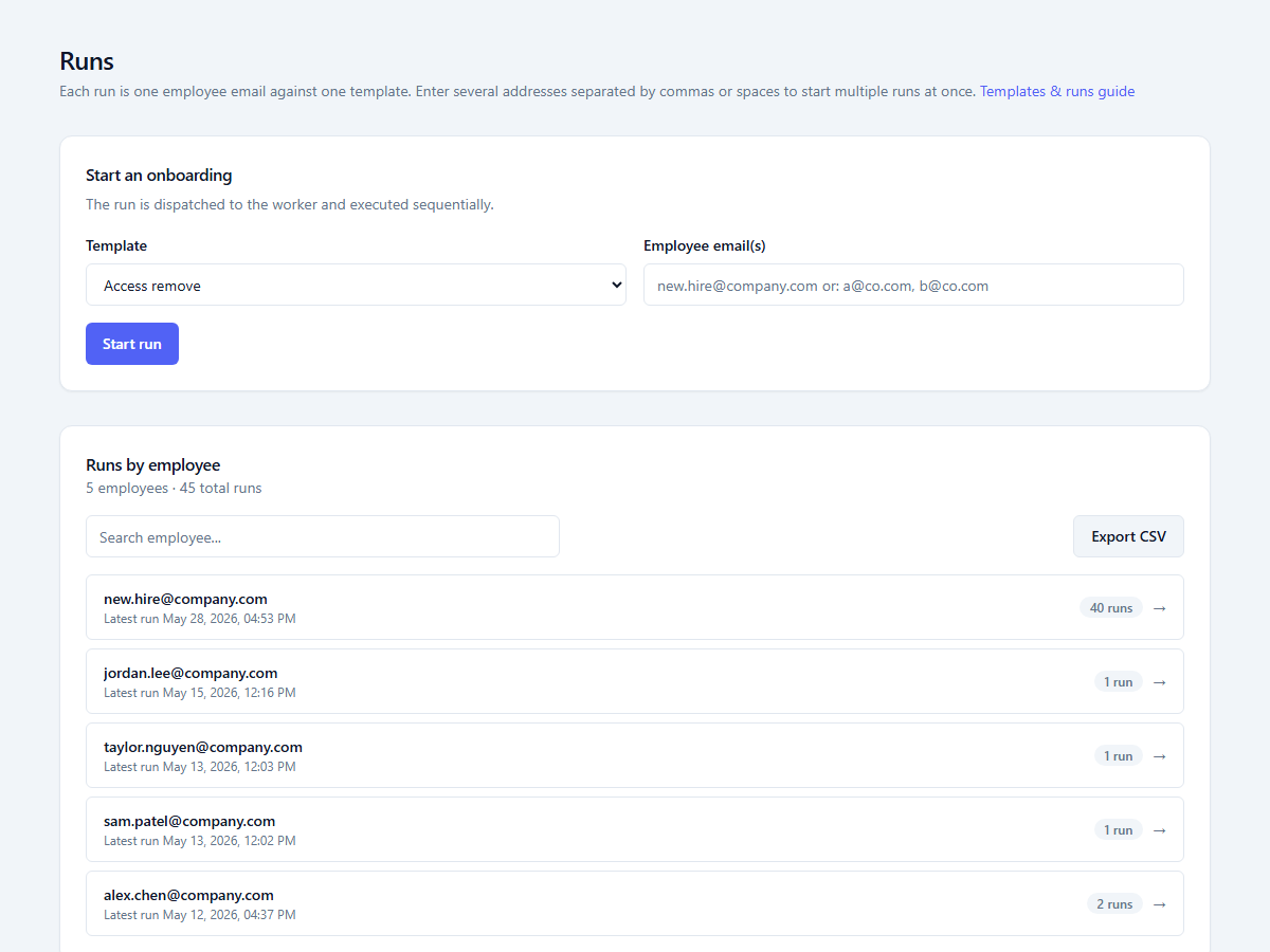 Onbored runs page showing the start onboarding form and run history